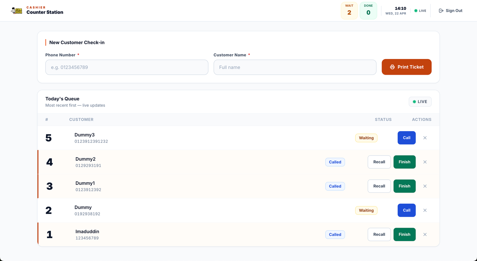 AyamGepuk Queue — Cashier Station